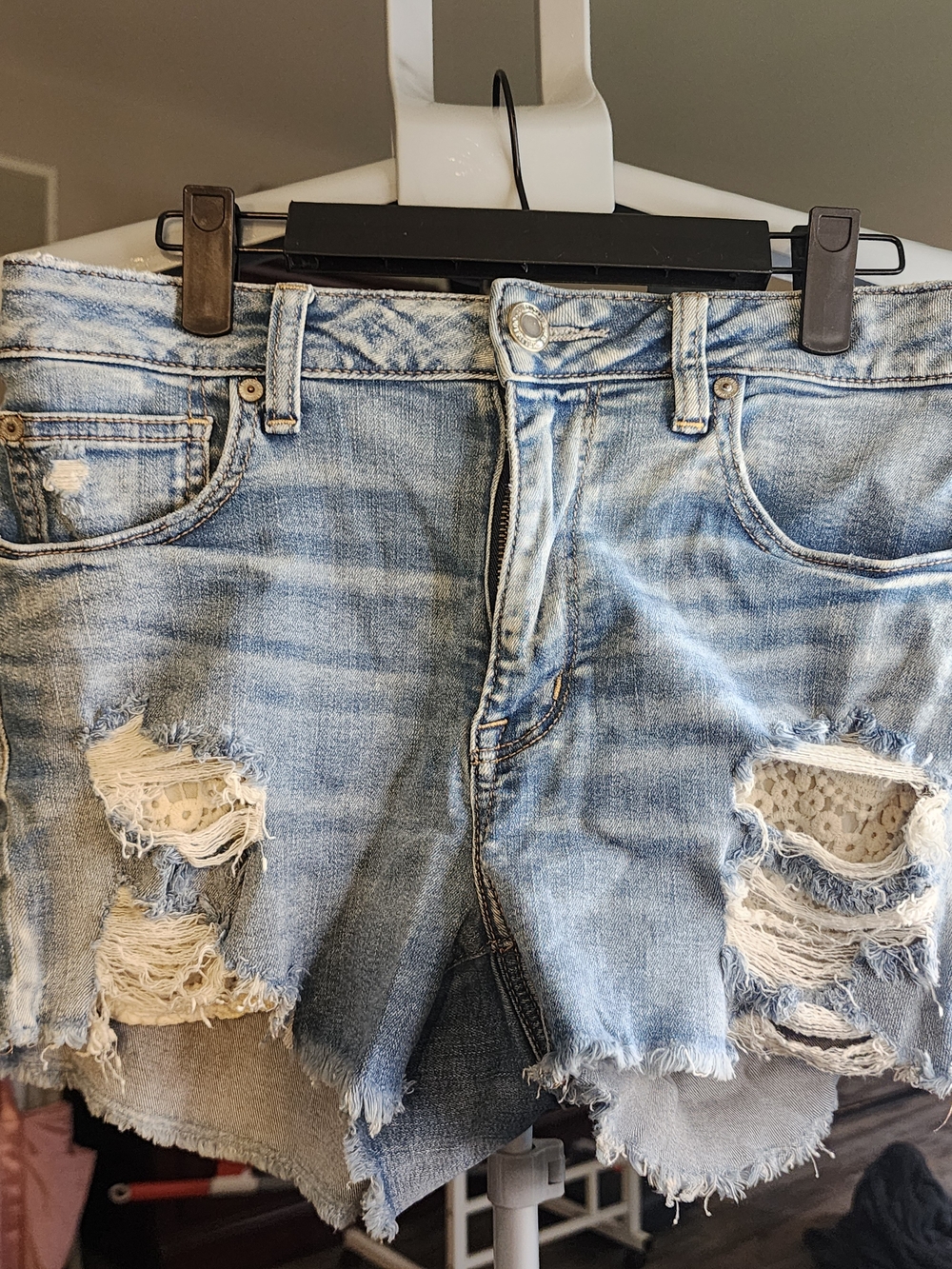 Light Blue Distressed Lace-Trim Denim Shorts - Women